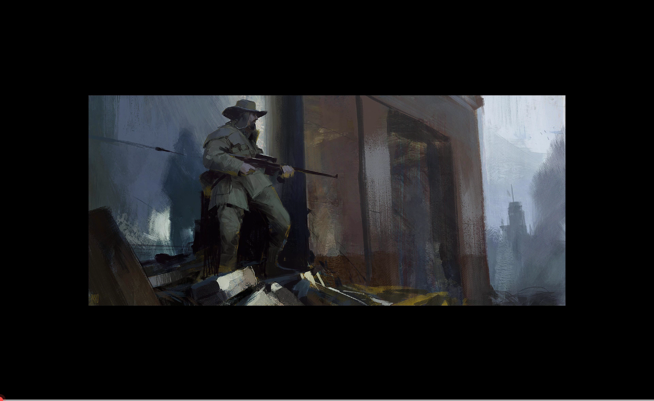 厚涂画出在战场上手拿枪的战士