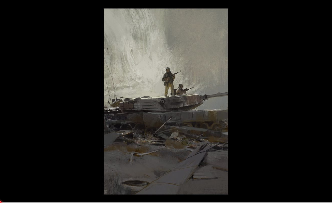 厚涂画出在战场上开着坦克的战士