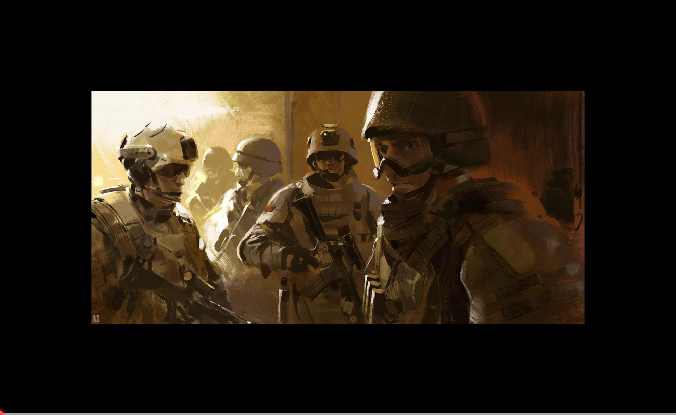 厚涂画出五个戒备状态的士兵