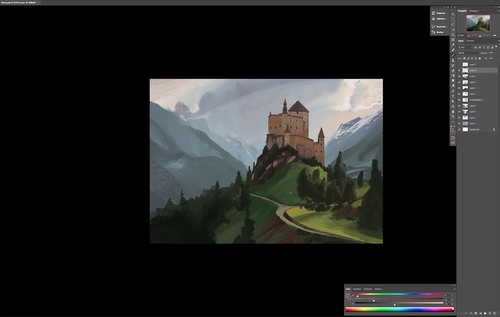 山顶的城堡场景绘画过程